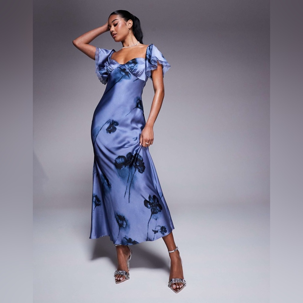 ASOS bardot midi dress with lace inserts in floral print